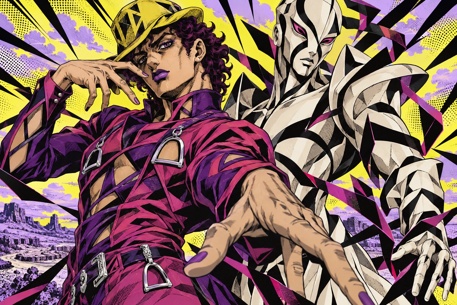 Rio Vesper strikes a dramatic pose beside Echo Riot, his original ribbon-shadow Stand, in vivid manga colors